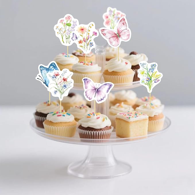 40 Pcs Wildflower & Butterflies Cupcake Toppers - 8 Styles, 5 Pcs Each - Non-Edible Cake Toppers for Wedding, Birthday, Party Decorations - Image 2