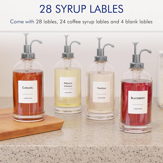 16.9 oz/500 ml Coffee Syrup Dispenser Set - 6 Glass Bottles with Silver Pumper and Syrup Labels - Precise Dispensing and Stylish Addition to Coffee Shop, Cafe or Home Bar - Image 4