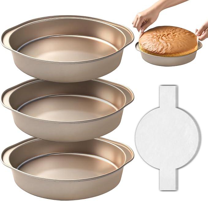 8 Inch Cake Pans, 3PCS Nonstick Round Baking Pans with 50PCS Parchment Papers, Durable Birthday Circle Cake Baking Pan with Handle for Multi-Layer Cakes, Dishwasher Safe (Gold, 8 inch) by Shinsin