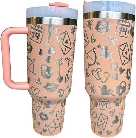 Western Engraved 40oz Tumbler, Tumbler with handle, Cowgirl Tumbler, Country Mug with Handle (Blush(7)-Valentines day(D3))