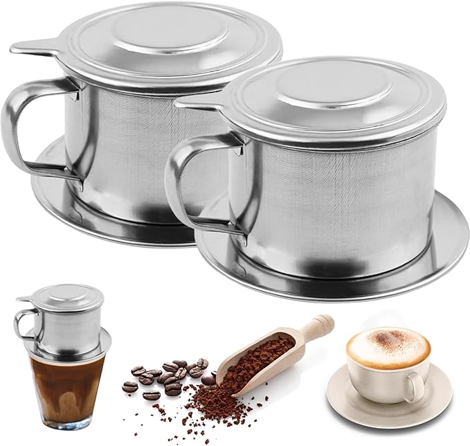 Vietnamese Coffee Dripper 2 Set Stainless Steel Vietnamese Coffee Filter 3.3x2.5in Professional Washable Reusable Cafe Accessories Dripper, Filter, D