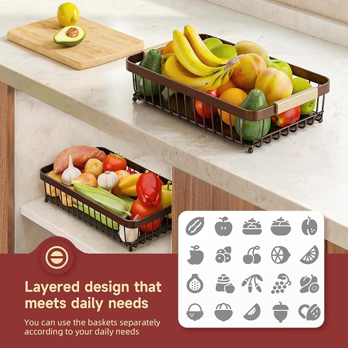 2-Tier Fruit Basket with Banana Hangers, Detachable Metal Bowl | Wooden handle, protective mats included. Versatile holder for bread, snacks, and veggies. Extra Large 2 tier metal design. - Image 4