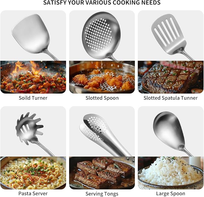 304 Stainlss Steel Kitchen Utensils Set, 11 Pcs Long Metal Cooking Utensil Gadgets Tools Set with Spatula, Ladle, Spoon, Ladle, Skimmer, Tunner, Pasta Server, Tongs(Silver, Dishwasher Safe) - Image 3