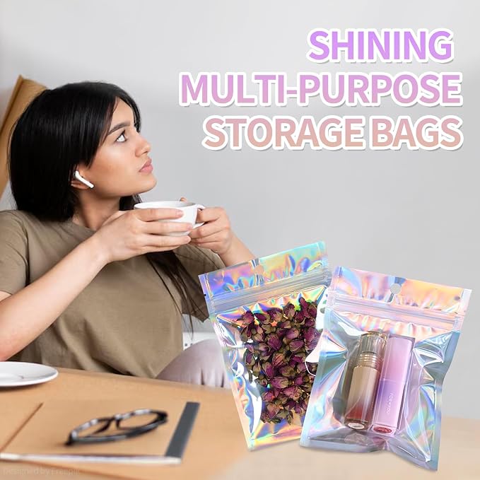 4"X6"120Pcs Resealable Holographic Aluminum Stand Bag for Small Business&Personal, Reusable Smell Proof Mylar Bags with Clear Window Ziploc Foil Pouch for Packaging,Jewelry,Nail Art,Makeup,Candy,Snack - Image 5