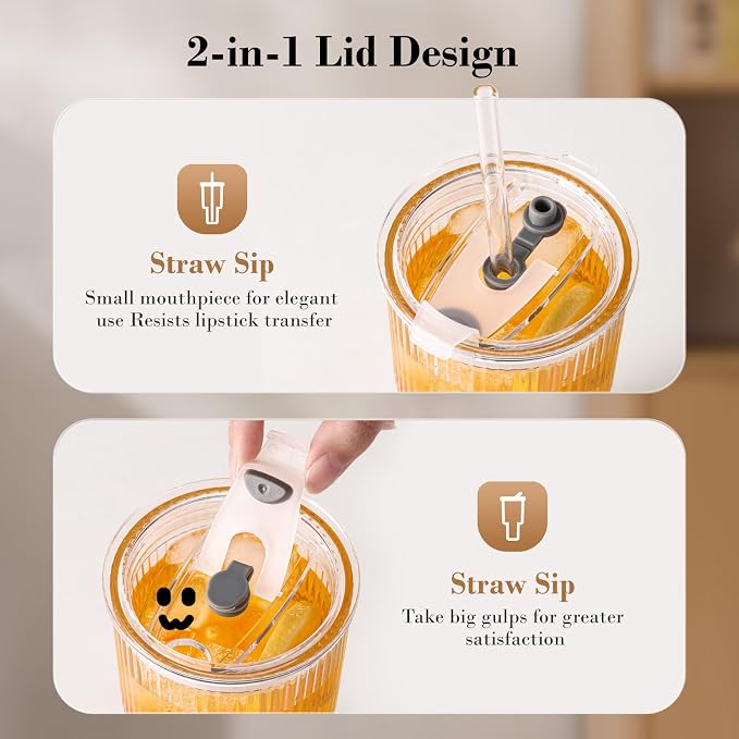 20oz Iced Coffee Cups with Lids, Ribbed Glass Cups with Lids and Straws | Thick Reusable Glass, Leak-Resistant Lids, Fits Most Car Cup Holders, For Iced Coffee, Tea, Smoothies and Cold Drinks - Image 5
