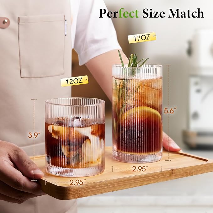 Drinking Water Glass Cups Set,Crystal Clear ribbed Glass set of 8,17oz&12oz | Unique Design Vintage Cocktail Glass, Tall Glass Cups Ideal for Ice Coffee Cup, Whiskey, Mixed Drinkware - Image 2