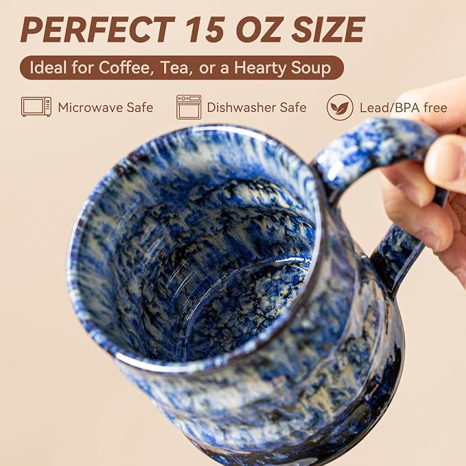 Unique Reactive Glaze Ceramic Coffee Mug - 15 oz Large Coffee Cup with Ergonomic Handle, Deep Sea Blue Ceramic Mug for Office & Home, Great Birthday Gift for Women, Men & Friends - Image 6