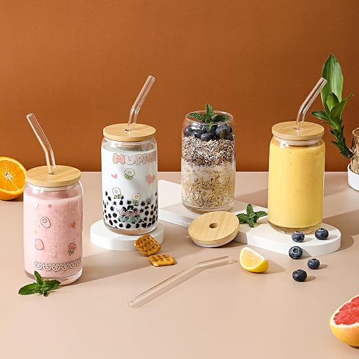 [ 12pcs Set ] Glass Cups with Bamboo Lids and Glass Straw - Beer Shaped Drinking Glasses, 16 oz Iced Coffee Glasses, Cute Tumbler Cup for Smoothie, Boba Tea, Whiskey, Water - 4 Cleaning Brushes - Image 4