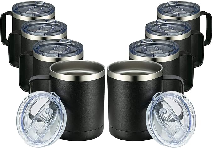MEWAY 12oz Coffee Mug With Handle 8 Pack Bulk,Stainless Steel Insulated Travel Tumblers With Sliding Lid,Double Wall Vacuum Camping Cup for Hot & Cold Drinks Tea (Black, 8) by MEWAY