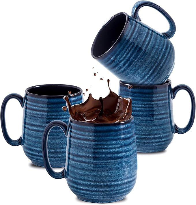 HASENSE Coffee Mugs Set of 4, 12 Ounce Ceramic Coffee Cups with Handle, Large Mug Set for Latte, Tea, Chocolate, Modern Cup Gift for Men and women, Dishwasher & Microwave Safe(Blue) by Hasense