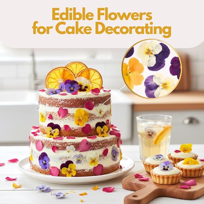 63 Pcs Edible Flowers Cake Decorations – Dried Edible Flowers for Cocktails, Drinks, Cupcake Topper & Cake Decorating, Food Grade Pressed Flowers Mix with Pansy, Heart Rose Petals & Orange - Image 5