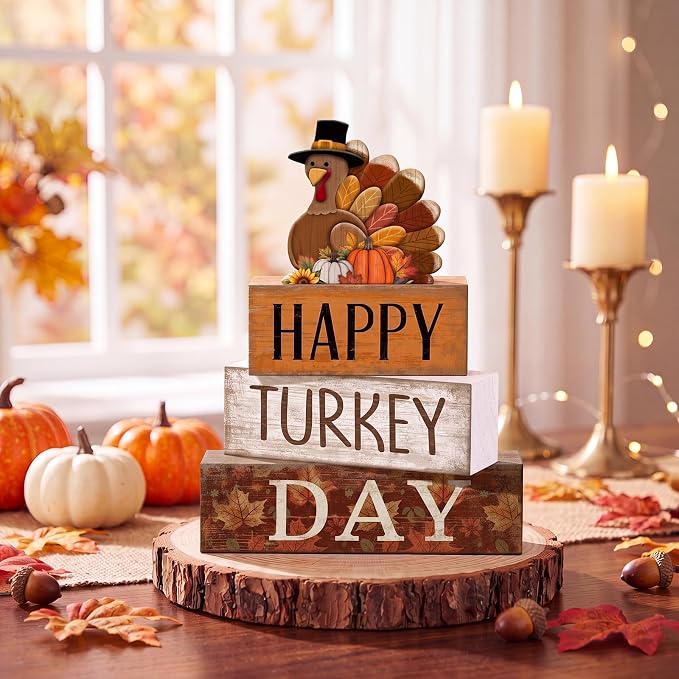 Moucuny 4 Pcs Fall Table Decorations for Home Thanksgiving Turkey Wooden Stacked Sign Decor Thanksgiving Tiered Tray Decor Rustic Happy Turkey Day Block Sign for Autumn Harvest Party Kitchen Shelf - Image 2