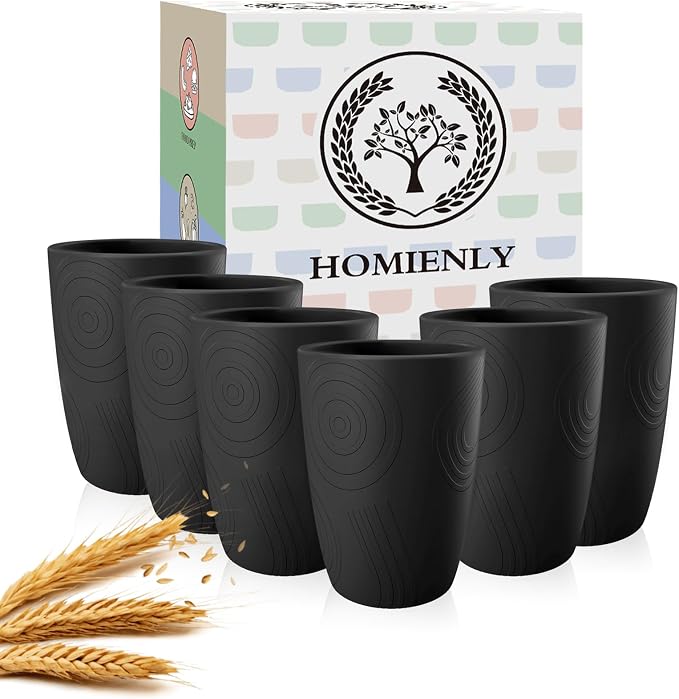 Homienly Wheat Straw Drinkware 12oz Unbreakable Drinking Glasses 6-Piece Stackable Kithen Cups Dishwasher and Microwave Safe Cups for Everyday Family Meals, Entertaining-Black by HOMIENLY