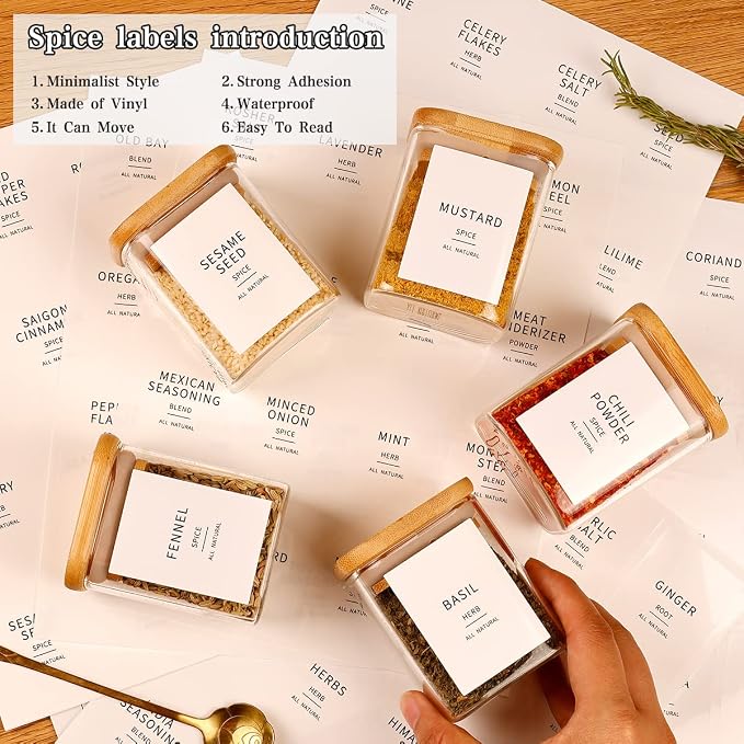 HHMJSM 12 Pcs Square Glass Spice Jars with Natural Bamboo Lids - 5oz Airtight Herb Containers with 148 Waterproof Minimalist Spice Labels Preprinted - Empty Small Seasoning Jars for Kitchen Pantry - Image 3
