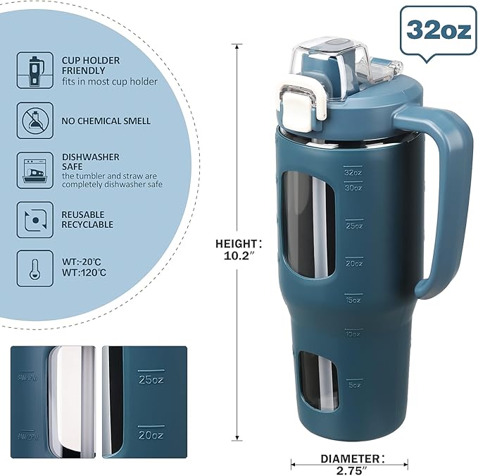 32oz Glass Tumbler with Straw Handle and 2-IN-1 Sip & Spout Lid, Reusable Iced Coffee Cup for Smoothie, Matcha, Leakproof Glass Water Bottle with Straw and Silicone Sleeve, BPA Free-Navy Blue