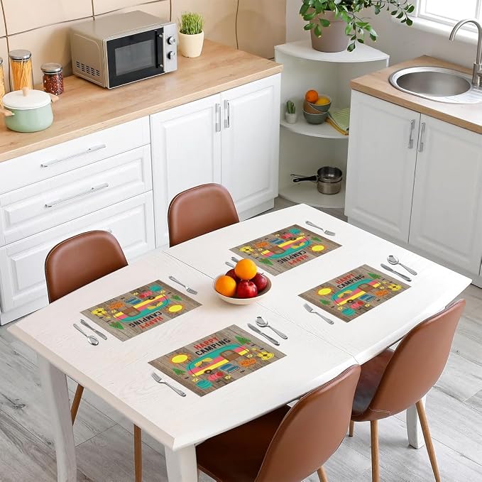 Feelyou Camper Placemat for Kitchen Dining Table 18"x12" Happy Camping Placemats Set of 4 Decor Rustic Wooden RV Camping Table Place Mats Cartoon Camping Car Indoor Outdoor Decor Table Mats - Image 3