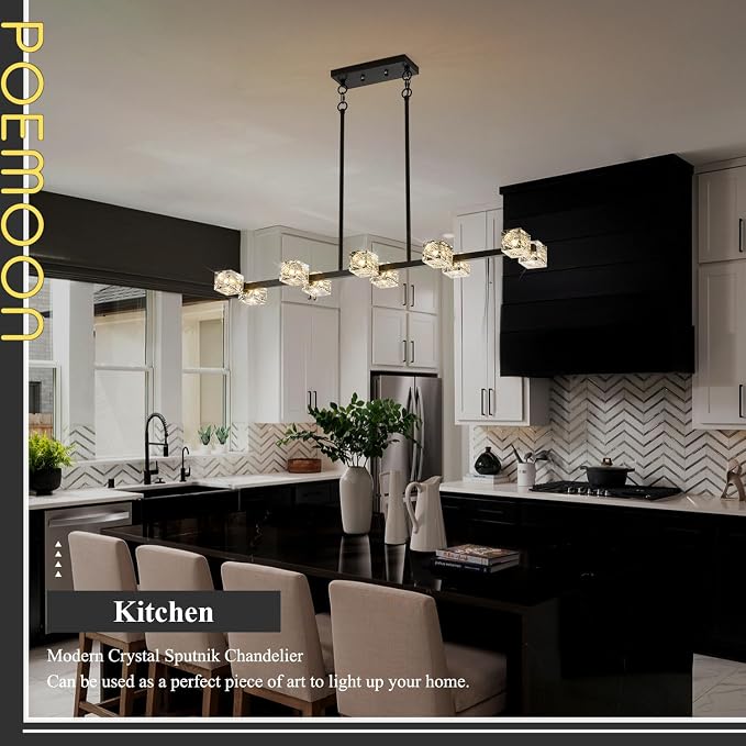 Black Gold Crystal Chandelier 10-Light L 43" Modern Sputnik Ceiling Pendant Light Fixture Industrial Adjustable Hanging Lights for Dining Room Kitchen Island Living Room Bar - Image 2