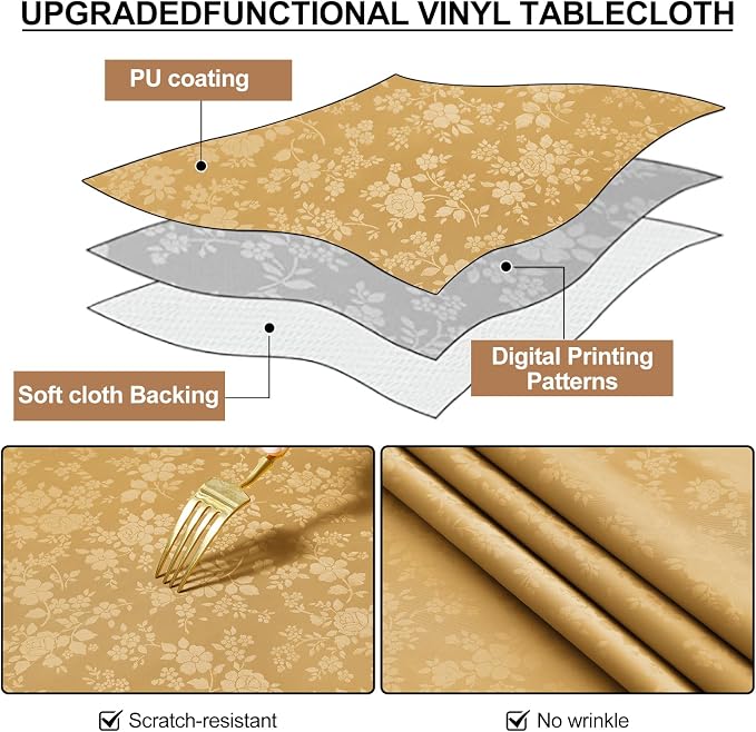 Smiry Rectangle Waterproof Heavy Duty Vinyl Tablecloths, 60 x 84 Inch | Wipeable Washable Floral Embossed Table Cover for Kitchen and Dining Room, Indoor & Outdoor Use, Gold - Image 6