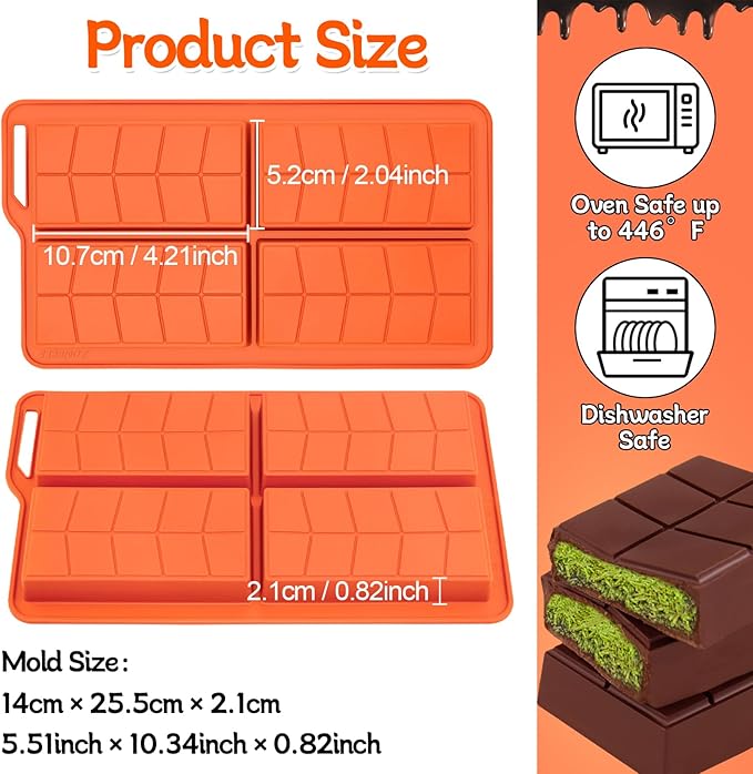 Chocolate Bar Mold 0.82inch Deep 2 Pack,Thick Dubai Stuffed Pistachio Silicone Molds Kit for Making Big Shapes Filling Candy Granola Bar and Pastry Snacks