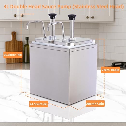 6.34 Quart Ketchup Pump Dispenser,Condiment Dispenser Pump, Large Capacity Detachable Leak-Proof Design for Sauce, Honey, Syrup,Soy Sauce,Mustard,Cheese (2 pumphead, 3.17 QT Each)