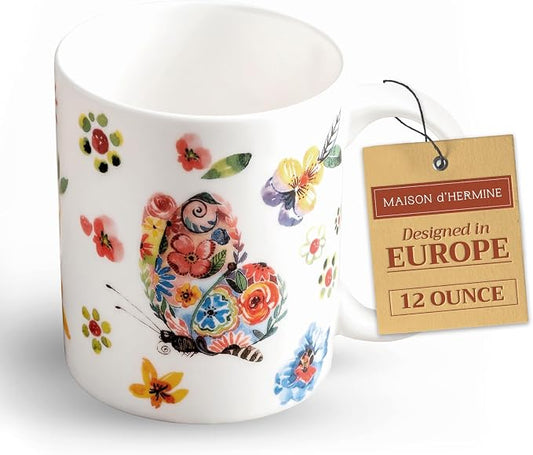 Maison d' Hermine Coffee Mug with Handles Tea Cups (12 Ounce, Pack of 1) | Fine Bone China Coffee Mugs for Hot Beverages Cappuccino Latte Home Spring Summer -Happy Florals - High Summer Butterfliess by MaisondHermine