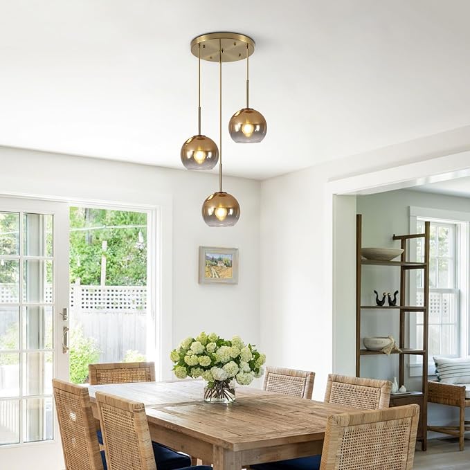 KCO Lighting 3 Light Globe Cluster Pendant Light Modern Glass Cluster Chandelier Gold Glass Pendant Light Fixture Mid Century Dining Room Chandelier Multi Pendant Light Fixture - Image 4