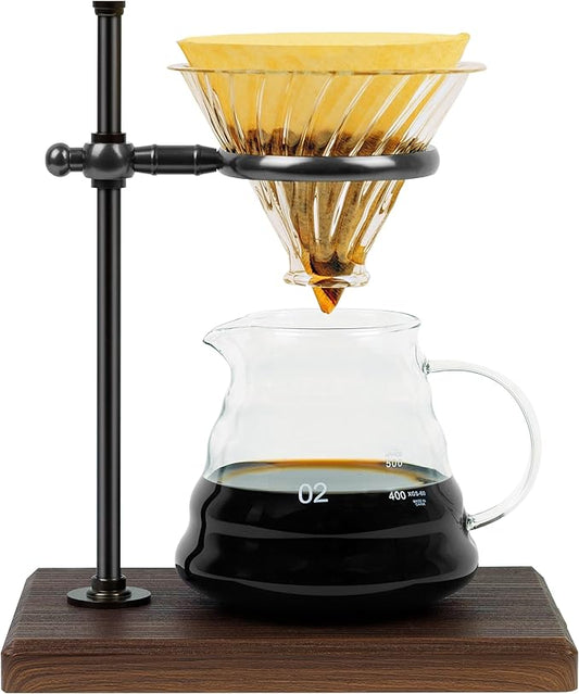 L'ÉPICÉA Pour Over Coffee Maker Set, Pour Over Coffee Maker with Stand, Adjustable Stainless Steel Stand, Wooden Base, Paper Filters, Cone Glass Carafe, Pour Over Coffee Dripper (Black)