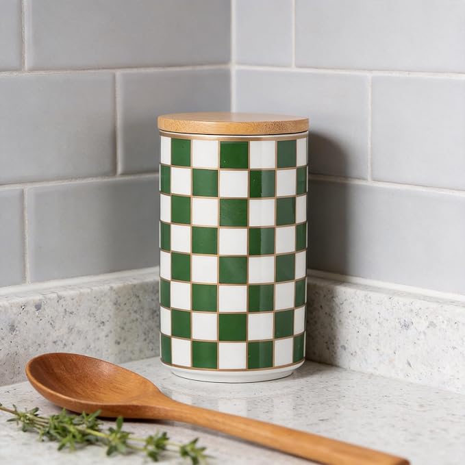 Kitchen Countertop Ceramic Checkered Canisters,Black And White Food Storage Containers With Lid,Airtight Kitchen Canisters for Flour, Sugar, Coffee, Tea, and Dry Goods (Green, Large) - Image 6