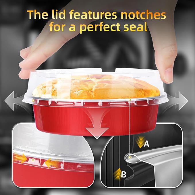 Beasea 4 Inch Disposable Tart Pans with Lids, 120 Pack 8oz Mini Pie Tins Creme Brulee Ramekins Bright Red Aluminum Foil Pie Tart Cake Baking Pans Individual Round Containers Oven Safe for Baking - Image 4