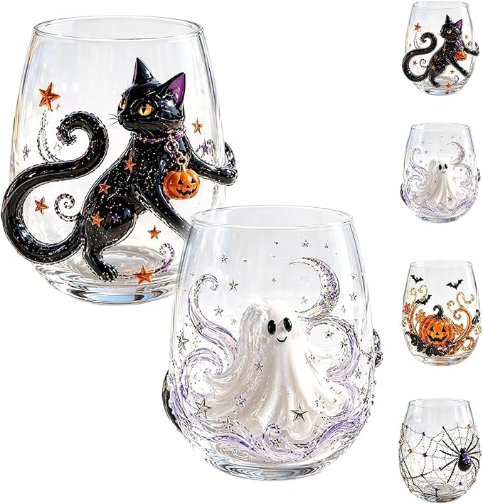 Halloween Artisan Glassware Collection,Handmade Stemless Wine Glass,Gothic Style Artistic Glass Wine Goblet Home Decor Piece Featuring Spooky Pumpkin Design Halloween Party Home Decor Gift，2Pcs-AB by Unknown