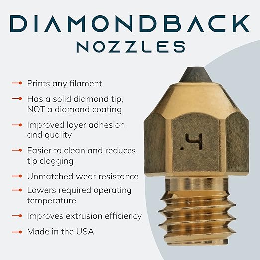 Diamondback Nozzles – MK8 Compatible – Polycrystalline Solid Diamond Tip 3D Printer Nozzles, Improved Extrusion, Any Filament, Long Life, Wear Resistant, Layer Adhesion, USA Made (0.4mm)