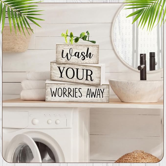 Moucuny 4 Pcs Farmhouse Laundry Room Decor Stacked Blocks Wash Your Worries Away Sign Funny Bathroom Shelf Decor and Accessories Rustic Eucalyptus Leaves Block Signs for Home Bathroom Toilet Washroom - Image 5