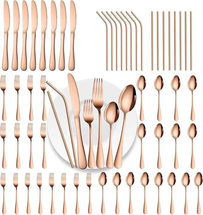 56 Pieces Mirror Rose Gold Silverware Service for 8 Flatware Set Stainless Steel Utensils Cutlery Set Dishwasher Safe by Gutuwellea