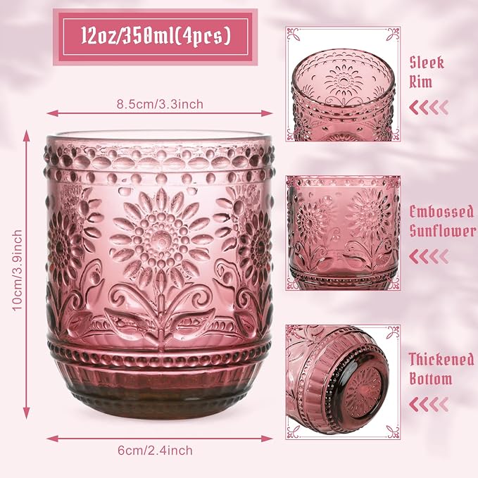 Topsky Vintage Drinking Glass Set of 4,12 oz Embossed Floral Drinkware Set,Pink Purple Drinking Glasses Cups Wine Glasses Colored Glassware for Whisky,Beer,Juice,Cocktail,Heavy Duty - Image 4