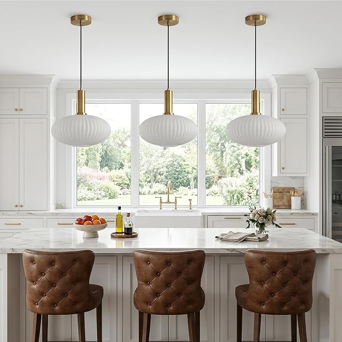 KCO Mid Century Modern Gold 12” Large White Milk Ribbed Glass Pendant Light | E26 Base, Adjustable Height, Lantern Shade Vintage Brass Hanging Light for Sloped Ceiling Kitchen Island Sink Dining Room Bar - Image 4
