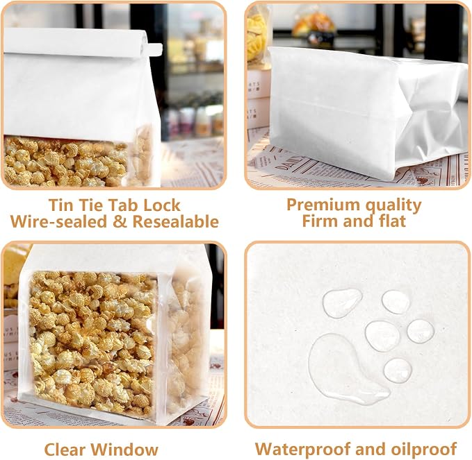 100 Pack White Cookie Bags with Seal, 8.2x3.9x3.1 Inch Tin Tie Tab Lock Bakery Bags with Window Resealable Paper Packaging Bag for Muffin, Candies, Scone, Brownie, Included 50 Thank You Stickers - Image 4