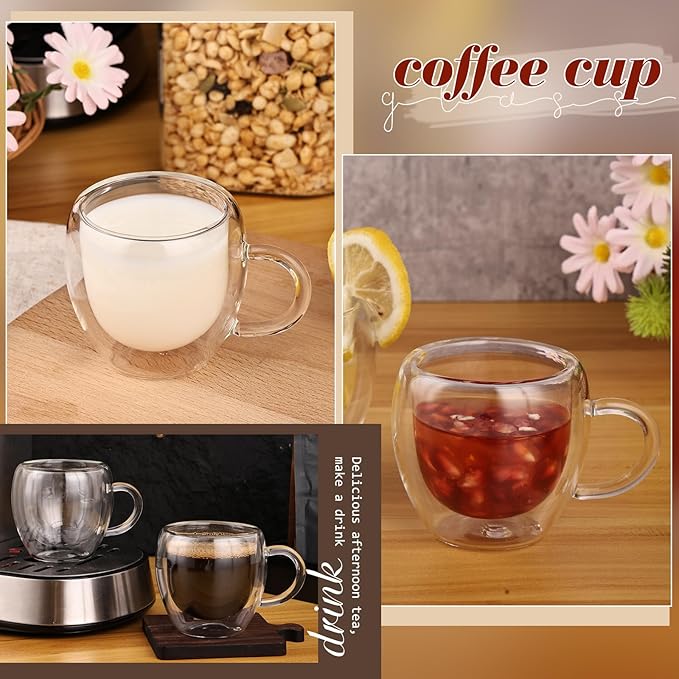 Espresso Cups Set of 4 with Handle, 2.5oz Expresso Coffee Cup, Small Expresso Shot Glasses, Clear Double Wall Insulated Espresso Mugs,Tazas de Cafe Expreso, Suit for Espresso Machine Accessories