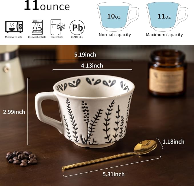 Ceramic Latte Mug Set of 4 with Gold Spoon, 11 Ounce Porcelain Cups for Latte, Hot Tea, Cappuccino, Mocha, Cocoa, Housewarming Wedding Present Gifts for Men Women Dishwasher Microwave Safe - Image 2
