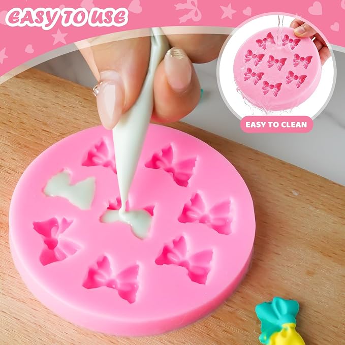HKNMTT Mini Bow Silicone Molds for Candy Fondant Chocolate Clay Cake Sugar Cake Pop Decorating, 16 Cavities Cute Shapes DIY Cupcake Toppers Craft Birthday Moulds - Image 3