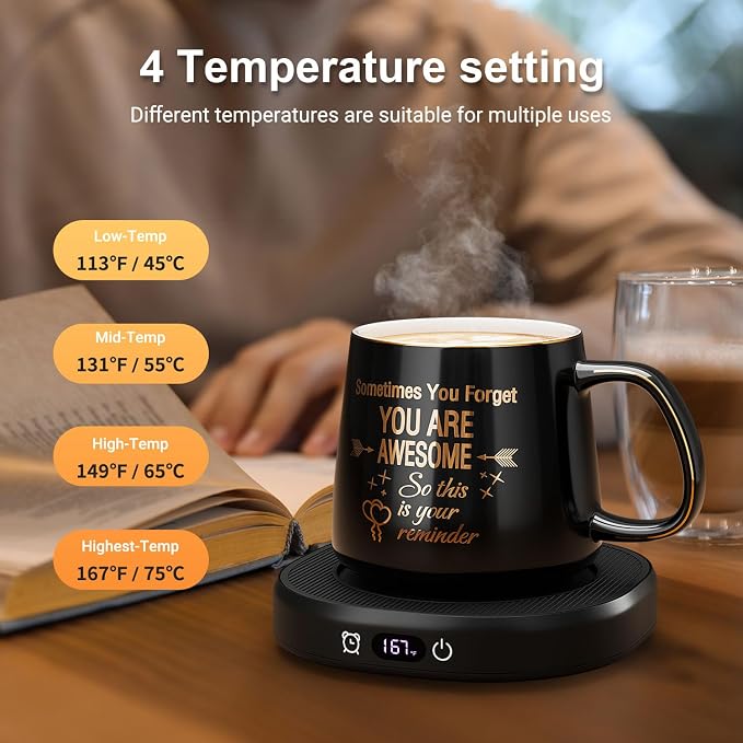 Coffee Mug Warmer & You are Awesome Mug Set, Electric Cup Warmer with Auto Shut Off, 4 Temperature Setting Smart Beverage Warmer, 8-Hours Auto Shut Off (Black Awesome Mug) - Image 5