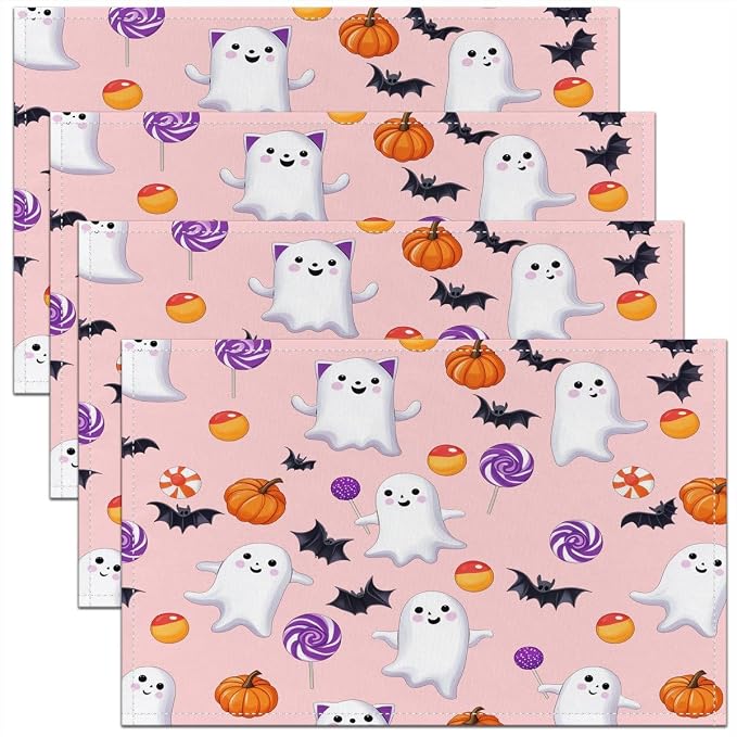 Feelyou Happy Halloween Placemats Set of 4 Cute Ghost Pumpkin Table Mats Orange Pink Place Mat for Kitchen Dining Table Party Decor Indoor Outdoor 18"x12" Non-Slip Easy to Clean Bats Pattern by Feelyou