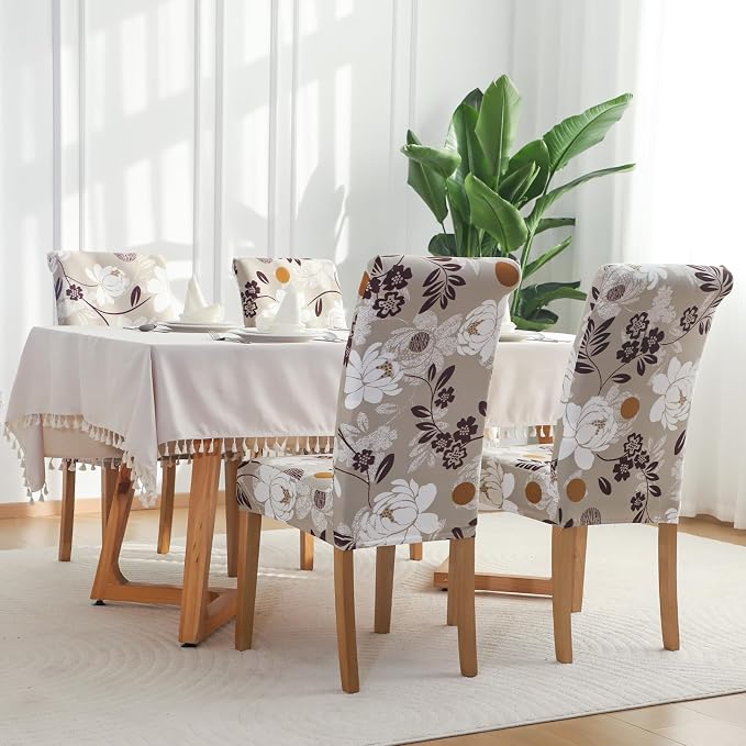 FORCHEER Chair Covers for Dining Chairs Set of 4,Beige Floral Stretch Dining Room Chair Cover Kitchen Parsons Chair Slipcovers (Pack of 4, Beige+Floral) - Image 2