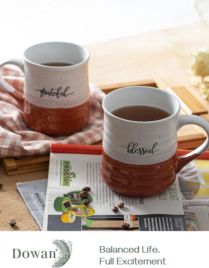 DOWAN 18 oz Large Coffee Mugs, Ceramic Mug Set with Word Blessed Grateful, Big Tea Cup for Office & Home, Thank You Gift for Women Men Mom Dad Christian, 2 Pcs - Image 2