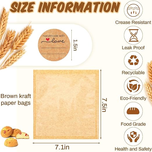 Outus 50 Pcs Cookie Packaging Bags with Seal, 7.1 x 7.5 Inch Bakery Pastry Bags with Window, Heat Sealable Grease Resistant Paper to Go Bake Sleeves for Gift Giving Donut Bread Sandwich (Brown) - Image 2