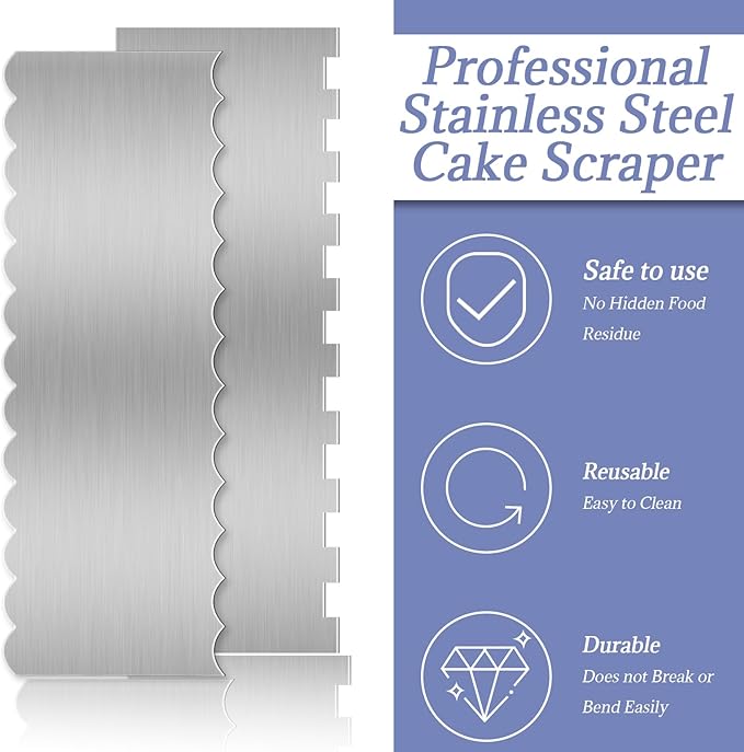Stainless Steel Cake Scraper, 9 Inch Large Double Sided Patterned Stripe Edge Scraper Smoother, Cake Smoother Scraper for Mousse, Butter, Cream Cake Decoration (2 PCS)