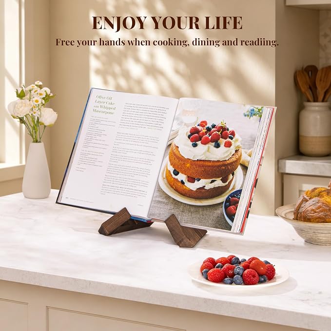 PUERSI Cookbook Stand for Kitchen, Recipe Book Holder for Kitchen Counter | Wooden Cookbook Holder, Rustic Cook Book Holder Stand - Rustic Brown - 1 Set - Image 2