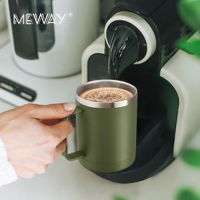 MEWAY 12oz Coffee Mug With Handle and Sliding Lid,Stainless Steel Travel Tumbler Cup with Handle,Double Wall Vacuum Insulated Camping Cup for Hot & Cold Drinks Tea (Army Green,Set of 1 - Image 8