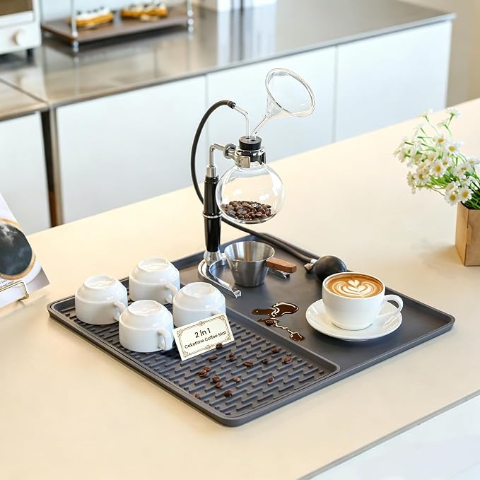 Caketime 2 In 1 Silicone Coffee Bar Mat Accessories Detachable Dish Drying Rug Rack Stone for Kitchen Countertop Under Sink Home House Apartment Office Essentials Espresso Machine Must Have by CAKETIME