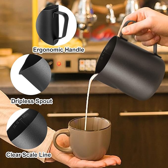 Milk Frothing Pitcher,Milk Steaming Frother Cup,Barista Cappuccino Latte Art Milk Jug with Decorating Pen,Stainless Steel Espresso Coffee Bar Accessories Tools (Black, 12oz)