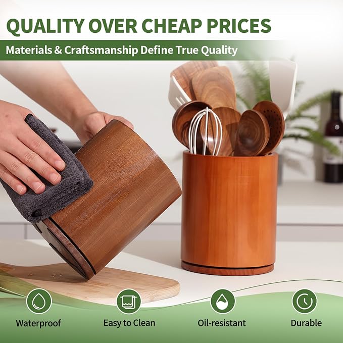 Wood Utensil Holder, 360° Rotating 7.3 in Kitchen Organizer | Rustic farmhouse countertop decor. 360° rotating base holds spatulas, ladles, tongs, and cooking tools. Rich cherry finish - Image 4